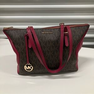 Michael Kors CORALINE Signature Print Leather Berry Tote Bag